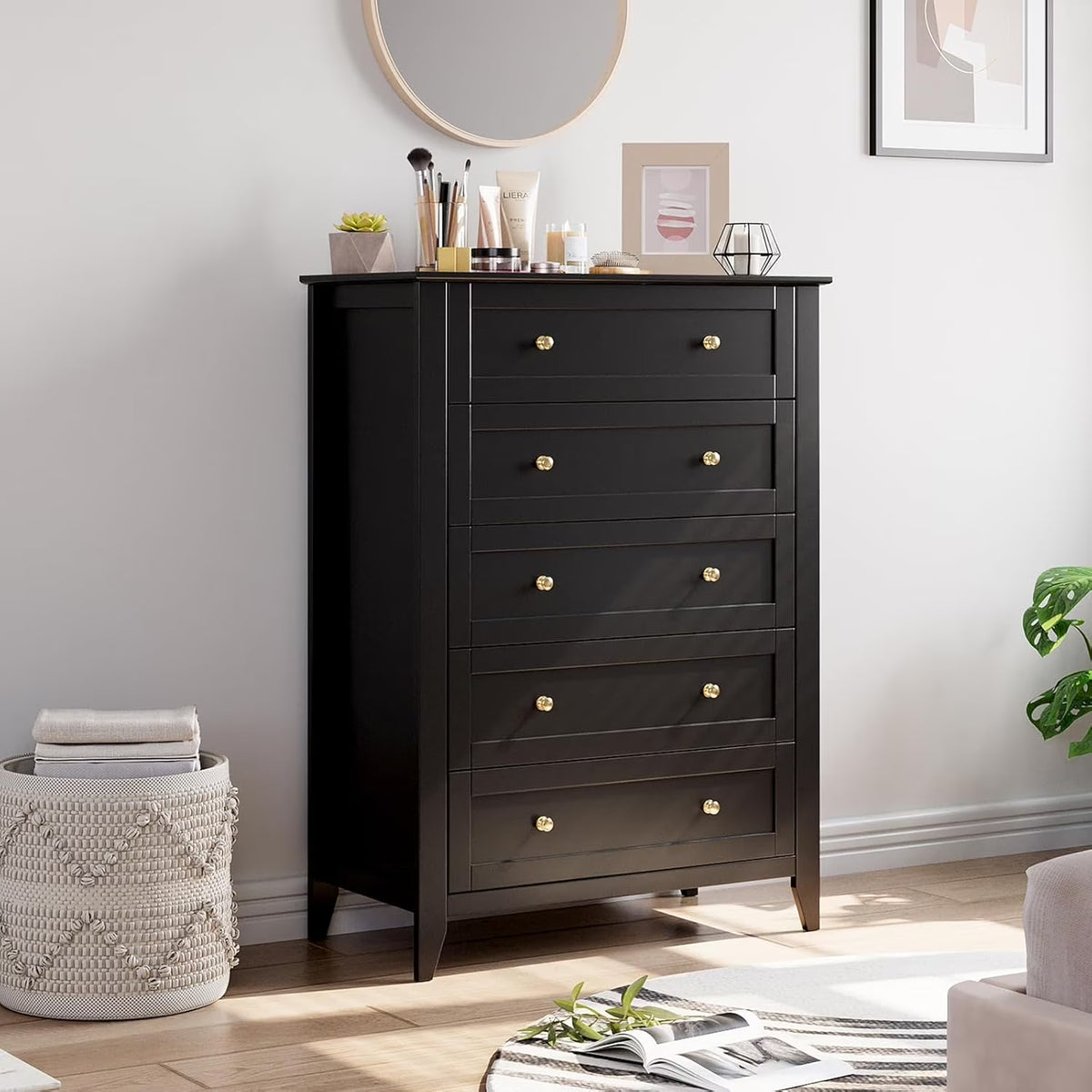 Homhougo Dresser for Bedroom Black with 5 Drawers, Tall Wood Organizer Storage Cabinet with Round Handle, Drawer Dresser for Closet, Living Room, Hallway, Nursery, Kids Bedroom