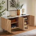 Roomfitters 57�?mid Century Modern TV Stand, Herringbone Pattern Buffet Cabinet Sideboard Credenza, Marble Top Media Console Entertainment Center for Living Room, Entryway (Oak Wood, Gold Metal Legs)