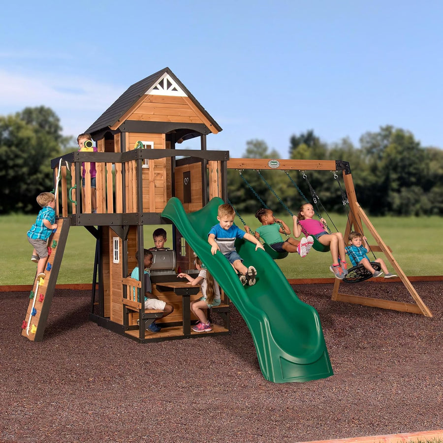 Canyon Creek Cedar Wood Swing Set with Wave Slide, Clubhouse, Play Kitchen, Picnic Area, Belt Swings, Web Swing, Rock Wall, Balconies, Playhouse, Step Ladder, Outdoor Playset