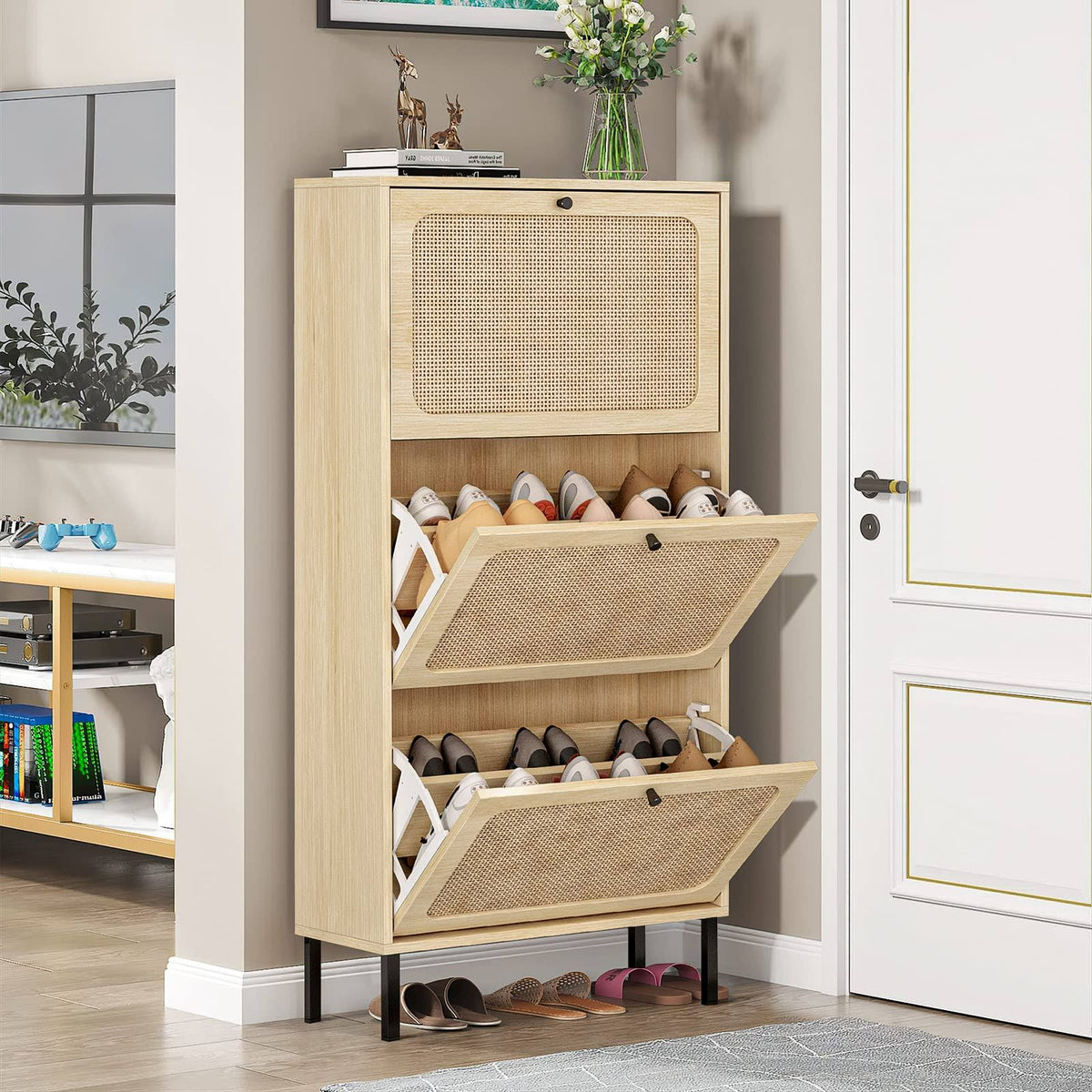 Sweiko 3 Flip Drawer Shoe Cabinet Natural Rattan Shoe Cabinet Organizer Freestanding Wooden Shoe Rack Storage Cabinet with Metal Legs for Entryway