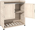 AECOJOY Potting Bench, Outdoor Wooden Storage Cabinet with Adjustable Shelf, Metal Tabletop