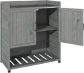 AECOJOY Potting Bench, Outdoor Wooden Storage Cabinet with Adjustable Shelf, Metal Tabletop