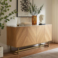 Roomfitters 57�?mid Century Modern TV Stand, Herringbone Pattern Buffet Cabinet Sideboard Credenza, Marble Top Media Console Entertainment Center for Living Room, Entryway (Oak Wood, Gold Metal Legs)