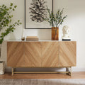Roomfitters 57�?mid Century Modern TV Stand, Herringbone Pattern Buffet Cabinet Sideboard Credenza, Marble Top Media Console Entertainment Center for Living Room, Entryway (Oak Wood, Gold Metal Legs)