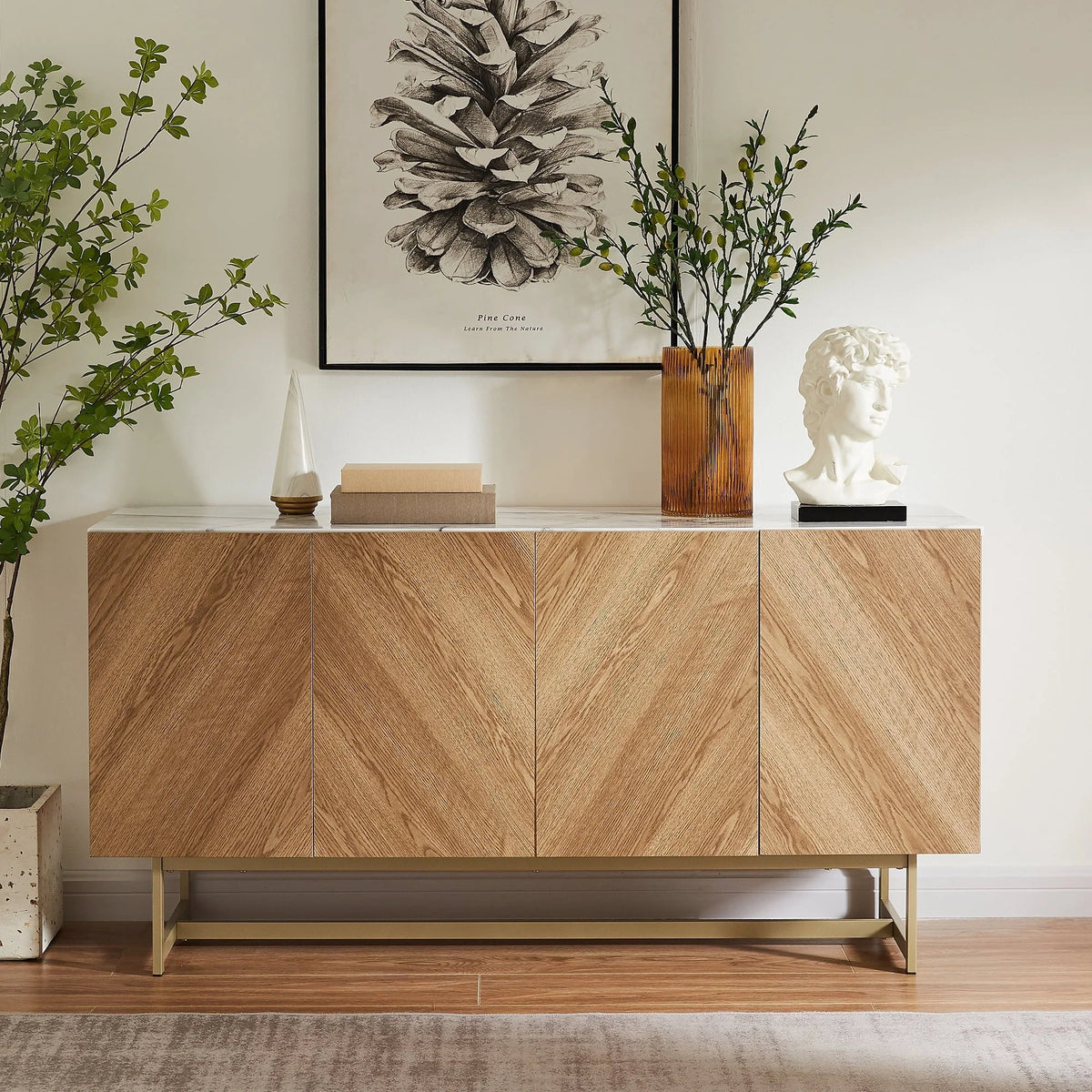 Roomfitters 57�?mid Century Modern TV Stand, Herringbone Pattern Buffet Cabinet Sideboard Credenza, Marble Top Media Console Entertainment Center for Living Room, Entryway (Oak Wood, Gold Metal Legs)